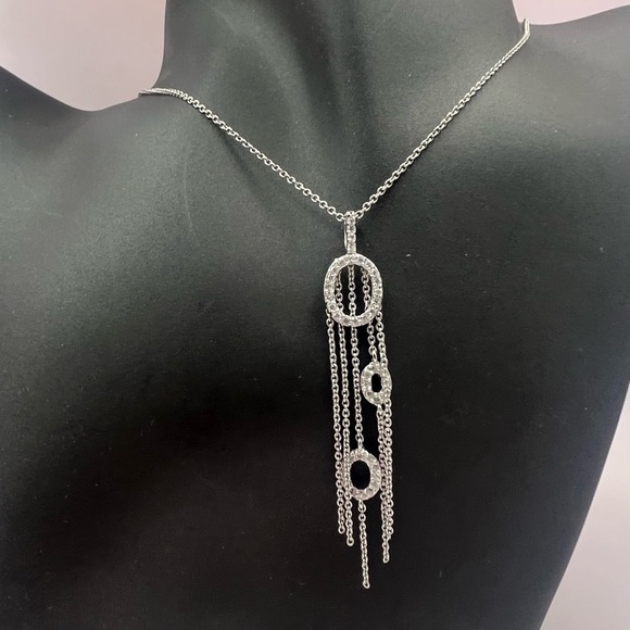 Sterling Silver Multi-Strand Drop Necklace–CZ Oval Fringe Pendant–Elegant